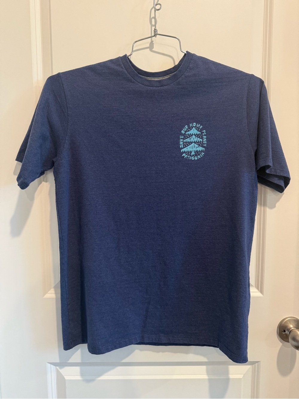 Patagonia Navy Tee with Aqua Circular Chest Graphic